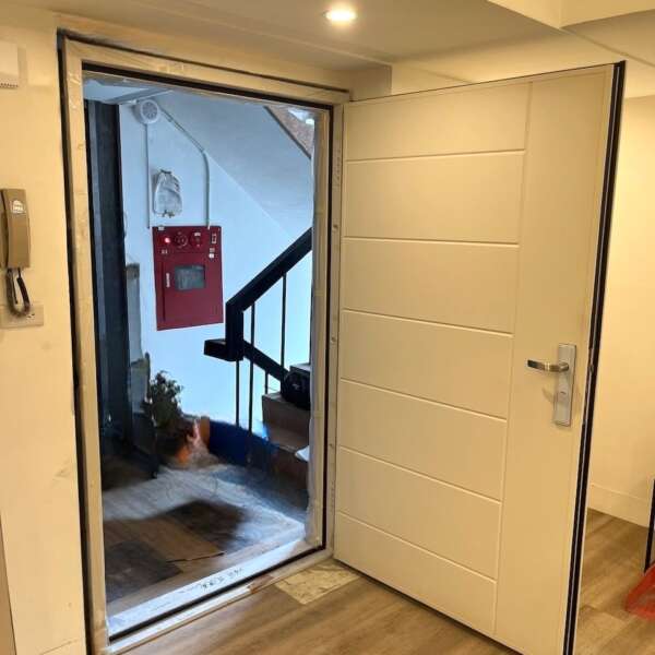 DE213鋼壓烤漆玄關F60A防火門-內開壓花鋼板住家大門更換